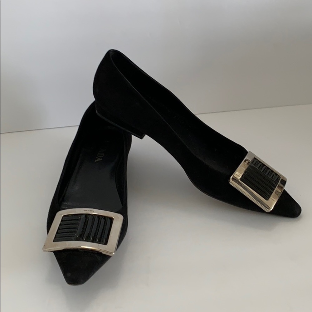 Prada black suede leather shoes size 36.5 6.5 Italy silver tone buckle RARE HTF